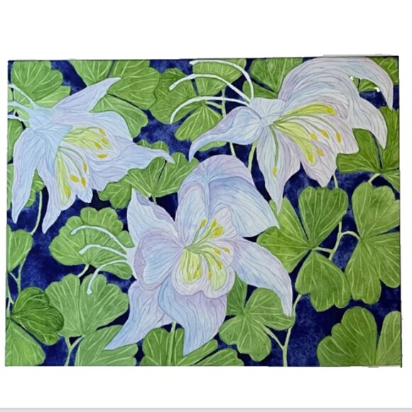 PAINTING WATERCOLOR ORIGINAL ART COLUMBINE FLOWERS BLUE PURPLE 11X14 MAT 16X20